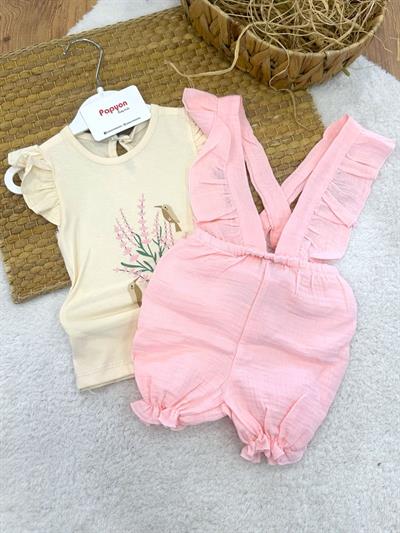 Çiçek Kuş Baskılı Tişört Fırfırlı Müslin Salopet Kız Bebek Takım (6-9/9-12/12-18/18-24 Ay)
