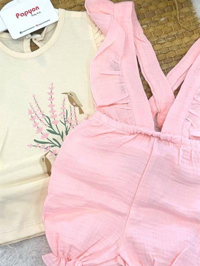 Çiçek Kuş Baskılı Tişört Fırfırlı Müslin Salopet Kız Bebek Takım (6-9/9-12/12-18/18-24 Ay)