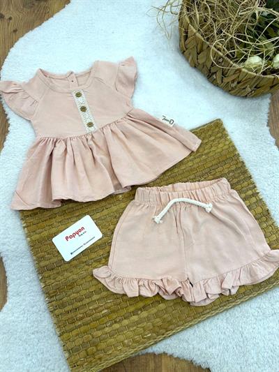 Fırfırlı Dantelli Bluz Şort Kız Bebek Dokuma Takım (6-9/9-12/12-18/18-24 Ay)