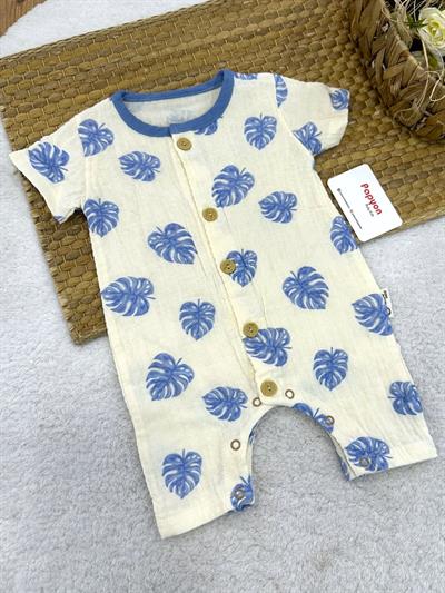 Yaprak Desenli Erkek Bebek Yazlık Müslin Tulum (3-6/6-9/9-12/12-18 Ay)