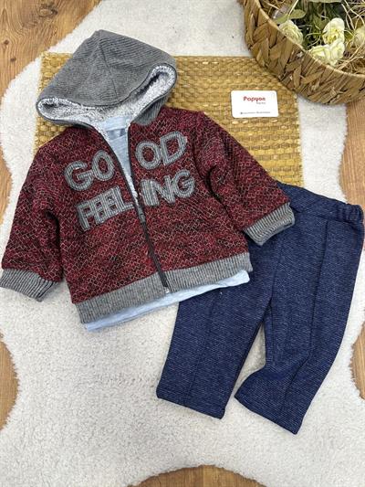 Good Feeling Kapşonlu Ceketli Erkek Bebek 3lü Takım (6-9/9-12/12-18 Ay)