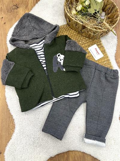 Süzene Ayıcık Nakışlı Kapşonlu Ceketli Erkek Bebek 3lü Takım (6-9/9-12/12-18 Ay)