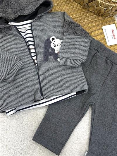 Süzene Ayıcık Nakışlı Kapşonlu Ceketli Erkek Bebek 3lü Takım (6-9/9-12/12-18 Ay)