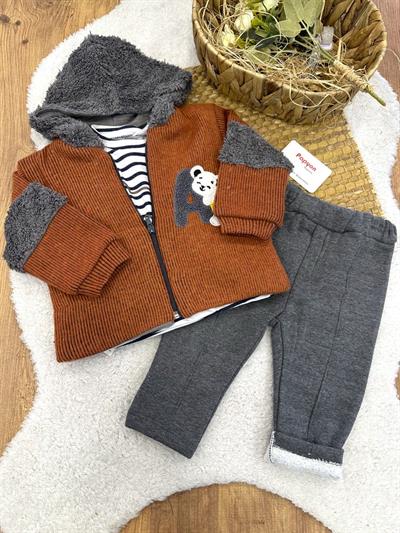 Süzene Ayıcık Nakışlı Kapşonlu Ceketli Erkek Bebek 3lü Takım (6-9/9-12/12-18 Ay)
