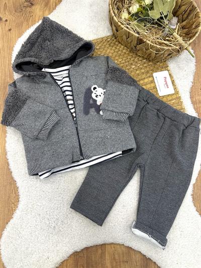 Süzene Ayıcık Nakışlı Kapşonlu Ceketli Erkek Bebek 3lü Takım (6-9/9-12/12-18 Ay)