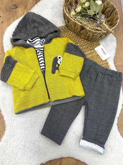 Süzene Ayıcık Nakışlı Kapşonlu Ceketli Erkek Bebek 3lü Takım (6-9/9-12/12-18 Ay)