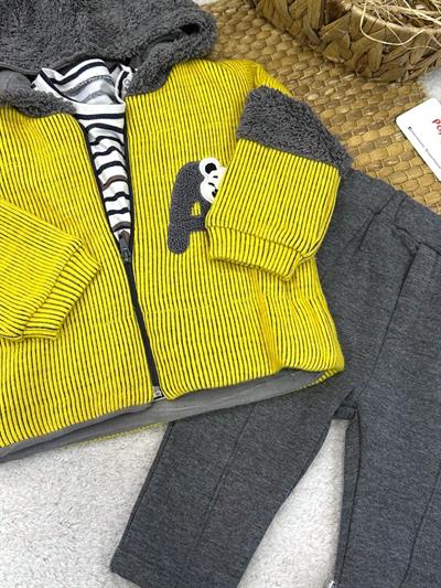 Süzene Ayıcık Nakışlı Kapşonlu Ceketli Erkek Bebek 3lü Takım (6-9/9-12/12-18 Ay)