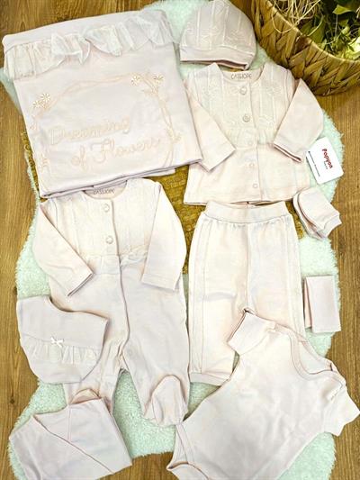 (Organik Ürün) Çiçek Nakışlı Tüllü Yenidoğan Kız Bebek 10lu Hastane Çıkış Seti