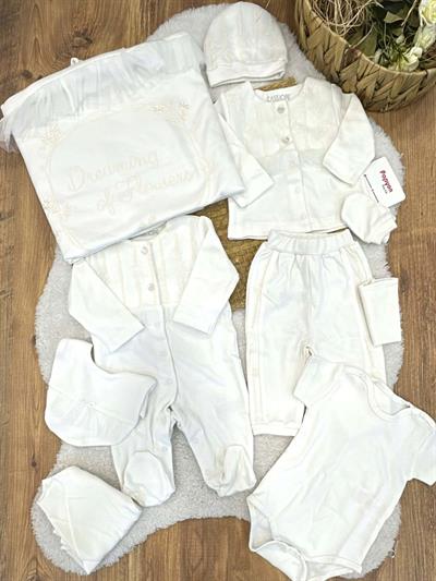 (Organik Ürün) Çiçek Nakışlı Tüllü Yenidoğan Kız Bebek 10lu Hastane Çıkış Seti