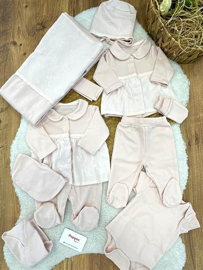 (Organik Ürün) Dantel İşlemeli Yenidoğan Kız Bebek 10lu Hastane Çıkış Seti