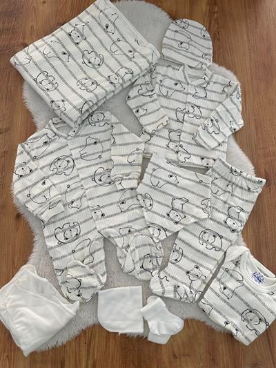 Ayı Baskılı Raporlu Tulumlu Erkek Bebek Organik 10lu Zıbın Set Hastane Çıkışı