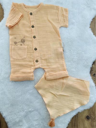 Cepte Ayıcık Nakışlı Uniseks Bebek Organik Müslin Fularlı Şort Tulum 6-12-18 Ay