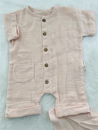 Cepte Ayıcık Nakışlı Kız Bebek Organik Müslin Fularlı Şort Tulum 6-12-18 Ay