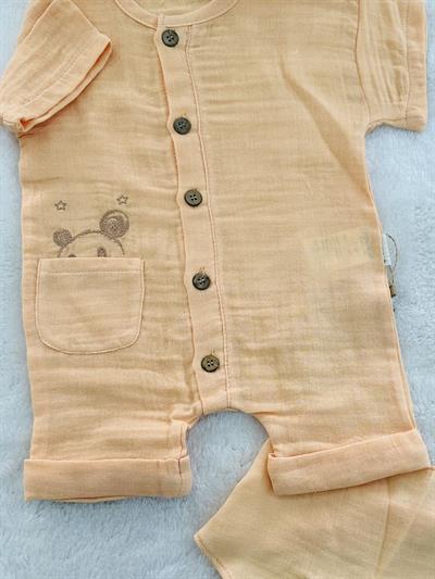 Cepte Ayıcık Nakışlı Uniseks Bebek Organik Müslin Fularlı Şort Tulum 6-12-18 Ay