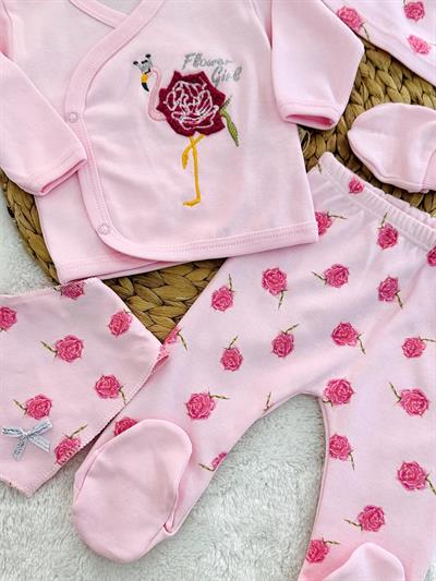Çiçek Flamingo Nakışlı Kız Bebek 5li Zıbın Set Hastane Çıkışı