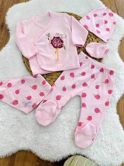 Çiçek Flamingo Nakışlı Kız Bebek 5li Zıbın Set Hastane Çıkışı
