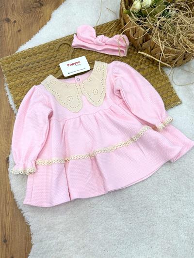 Dantel Yakalı Dantel İşlemeli Kız Bebek Bandanalı Elbise (6-9/9-12/12-18/18-24 Ay)