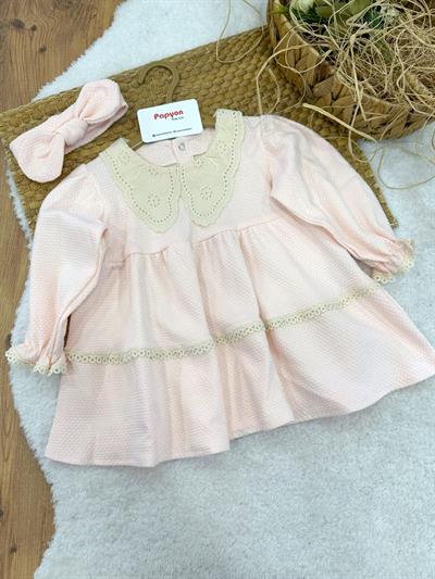 Dantel Yakalı Dantel İşlemeli Kız Bebek Bandanalı Elbise (6-9/9-12/12-18/18-24 Ay)