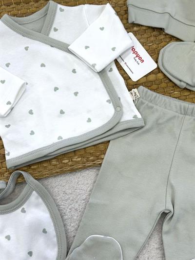 Kalp Desenli Yenidoğan Kız Bebek 5li Zıbın Set