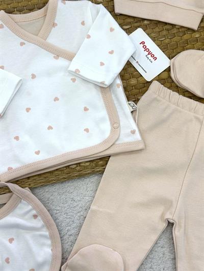 Kalp Desenli Yenidoğan Kız Bebek 5li Zıbın Set