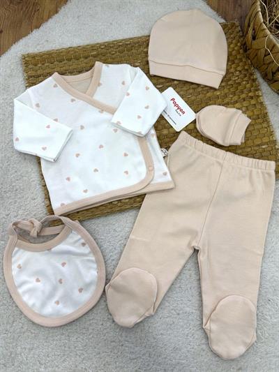 Kalp Desenli Yenidoğan Kız Bebek 5li Zıbın Set