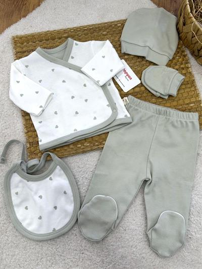 Kalp Desenli Yenidoğan Kız Bebek 5li Zıbın Set