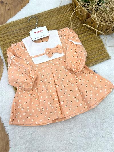 Nakışlı Kurdelalı Papatya Baskılı Kız Bebek Keten Elbise (6-9/9-12/12-18/18-24 Ay)