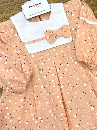 Nakışlı Kurdelalı Papatya Baskılı Kız Bebek Keten Elbise (6-9/9-12/12-18/18-24 Ay)