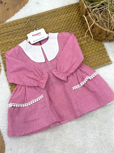 Yakalı Yanlar Fistolu Kız Bebek Keten Elbise (6-9/9-12/12-18/18-24 Ay)