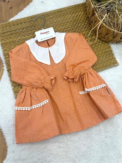 Yakalı Yanlar Fistolu Kız Bebek Keten Elbise (6-9/9-12/12-18/18-24 Ay)