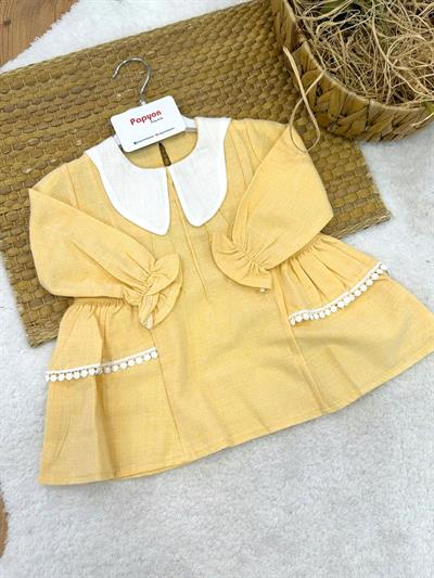 Yakalı Yanlar Fistolu Kız Bebek Keten Elbise (6-9/9-12/12-18/18-24 Ay)