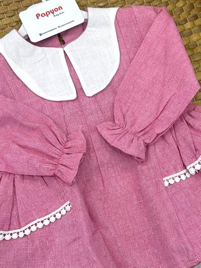 Yakalı Yanlar Fistolu Kız Bebek Keten Elbise (6-9/9-12/12-18/18-24 Ay)