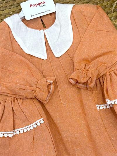 Yakalı Yanlar Fistolu Kız Bebek Keten Elbise (6-9/9-12/12-18/18-24 Ay)