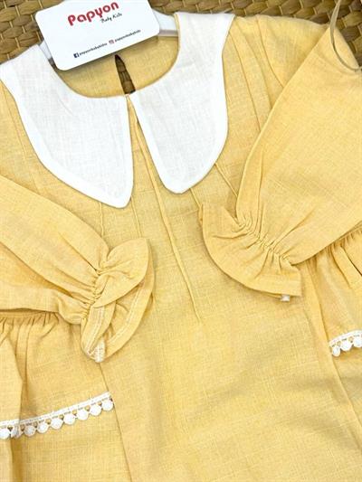 Yakalı Yanlar Fistolu Kız Bebek Keten Elbise (6-9/9-12/12-18/18-24 Ay)