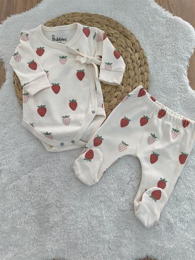 Çilek Baskılı Kruvaze Badili Kız Bebek Takım 0-3/3-6/6-9 Ay