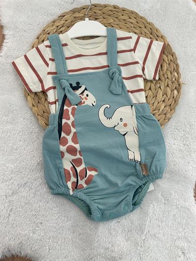 Çizgili Tişört Zürafa Fil Baskılı Salopet Erkek Bebek Takım 6-9/9-12/12-18/18-24 Ay