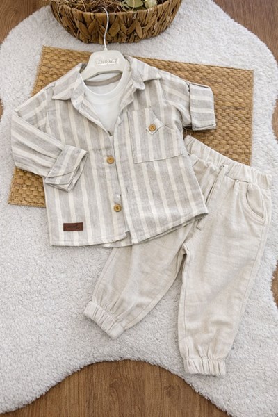 Baskılı Tişörtlü Çizgili Gömlekli Erkek Bebek Müslin Takım (6-9/9-12/12-18/18-24 Ay)