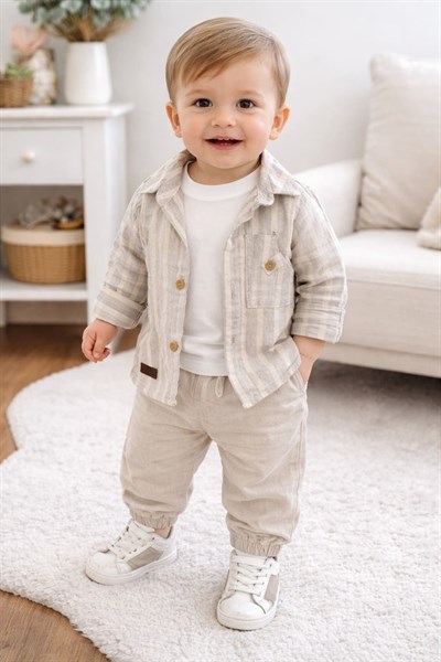 Baskılı Tişörtlü Çizgili Gömlekli Erkek Bebek Müslin Takım (6-9/9-12/12-18/18-24 Ay)