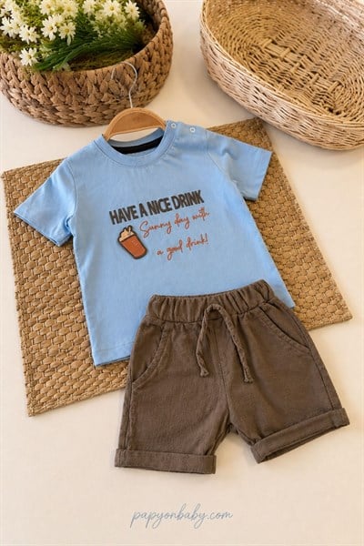 Have A Nice Drink Baskılı Tişörtlü Keten Şortlu Erkek Bebek Takım (6-9/9-12/12-18/18-24 Ay)