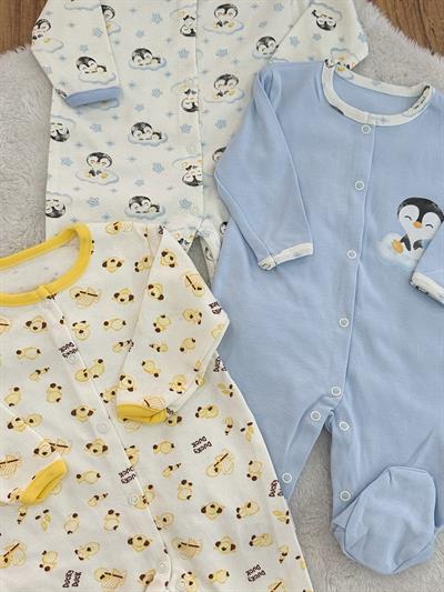Penguen Ördek Baskılı Erkek Bebek 3lü Patikli Tulum Set 0-3/3-6/6-9 Ay