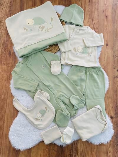 Gülen Kaplumbağa Raporlu Natural Uniseks Yenidoğan Bebek 10lu Zıbın Set Hastane Çıkışı