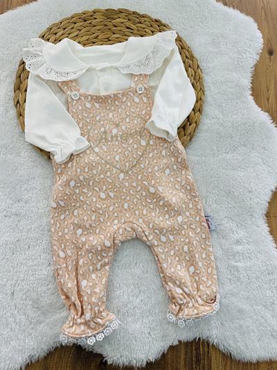 Dantelli Yaka Badili Angel Nakışlı Leopar Kız Bebek Salopet Takım 0-3/3-6/6-9/9-12 Ay