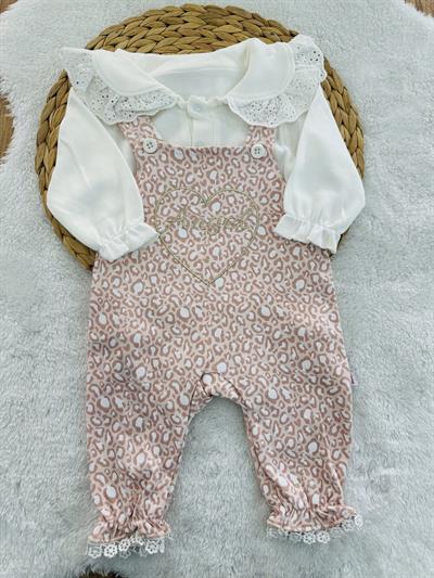 Dantelli Yaka Badili Angel Nakışlı Leopar Kız Bebek Salopet Takım 0-3/3-6/6-9/9-12 Ay
