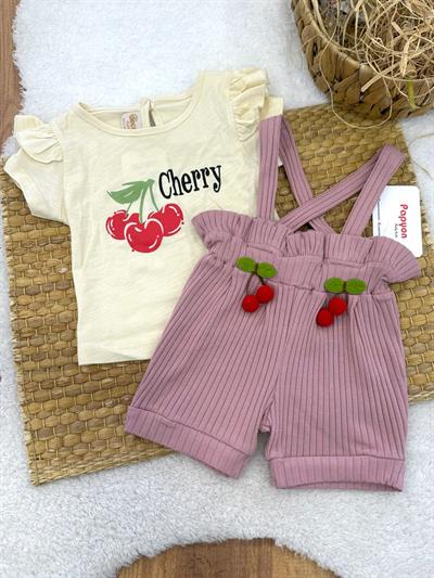 Baskılı Tişört Kirazlı Fitilli Askılı Şort Kız Bebek Takım (6-9/9-12/12-18/18-24 Ay)
