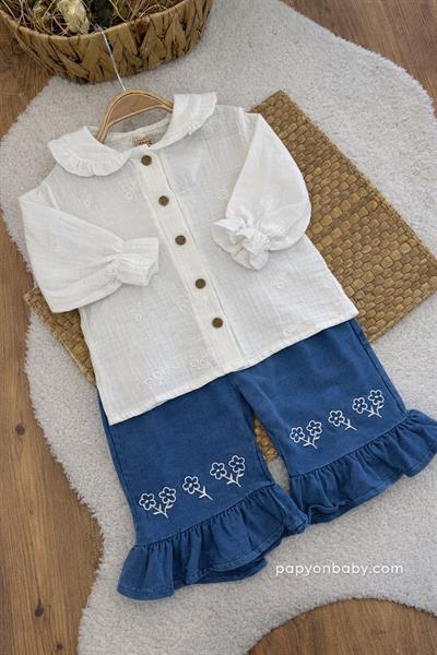 Çiçek Nakışlı Müslin Gömlekli Kot Pantolonlu Kız Bebek Takım (9-12/12-18/18-24/24-36 Ay)