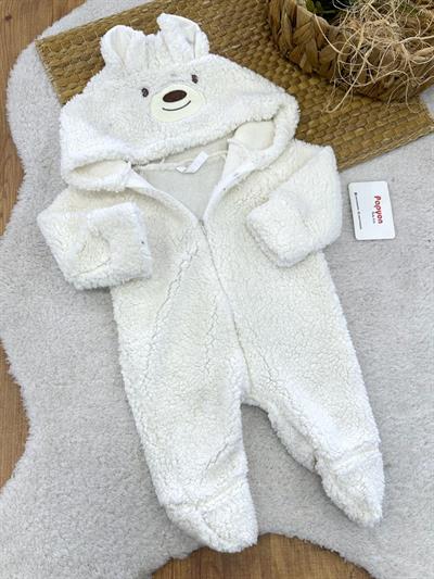 Ayı Nakışlı Kulaklı Kapşonlu Erkek Bebek Peluş Tulum (3-6/6-9/9-12 Ay)