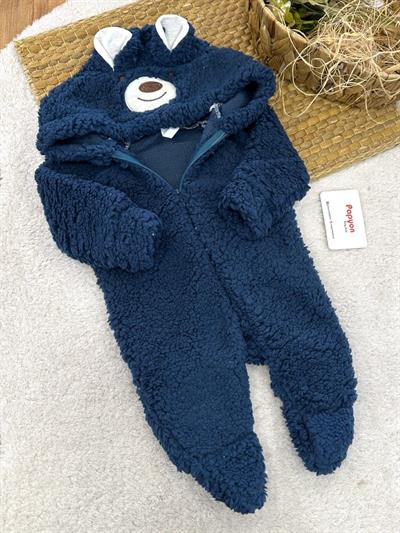 Ayı Nakışlı Kulaklı Kapşonlu Erkek Bebek Peluş Tulum (3-6/6-9/9-12 Ay)
