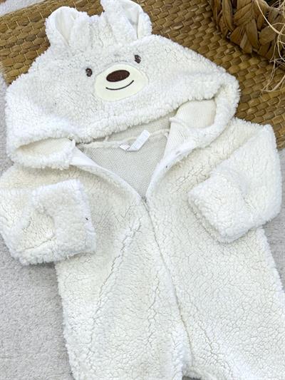 Ayı Nakışlı Kulaklı Kapşonlu Erkek Bebek Peluş Tulum (3-6/6-9/9-12 Ay)