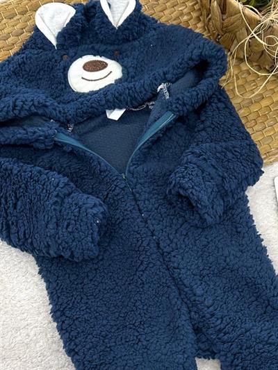 Ayı Nakışlı Kulaklı Kapşonlu Erkek Bebek Peluş Tulum (3-6/6-9/9-12 Ay)