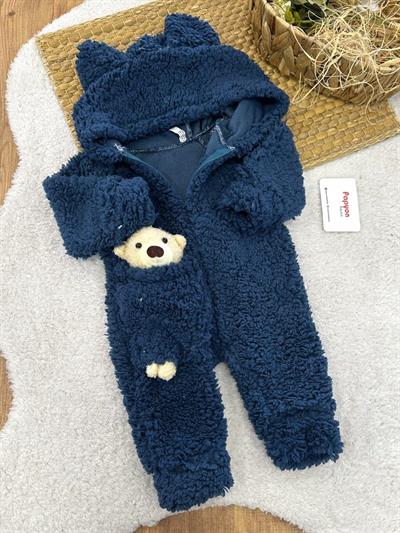 Ayıcık Aksesuarlı Kapşonlu Erkek Bebek Peluş Tulum (3-6/6-9/9-12 Ay)